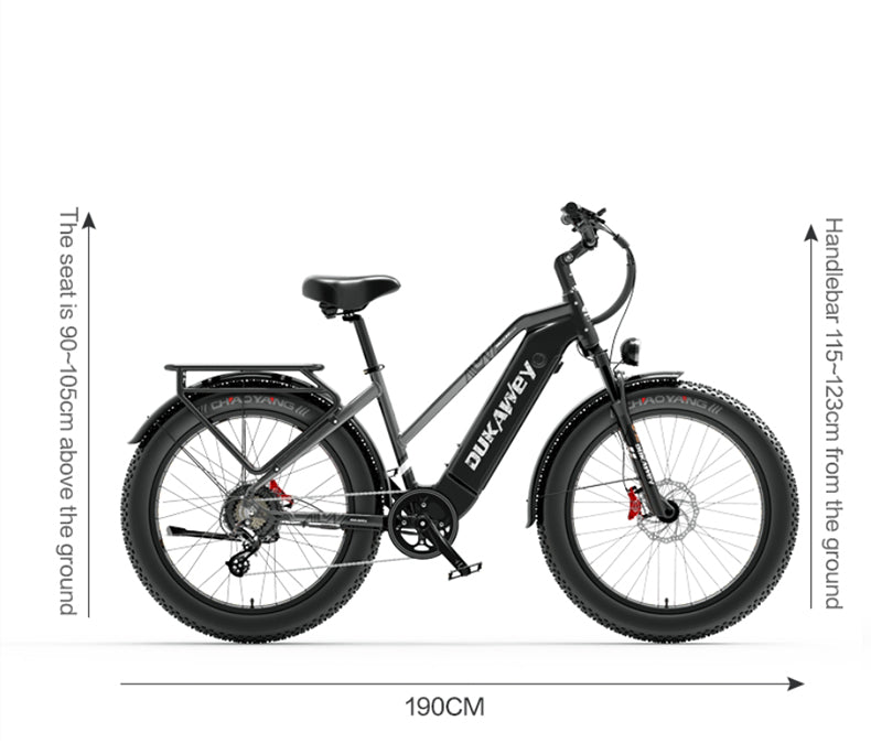 Dukawey DM530 Plus 1000W all-terrain electric bike with rugged tires and sturdy frame, suitable for off-road adventures.